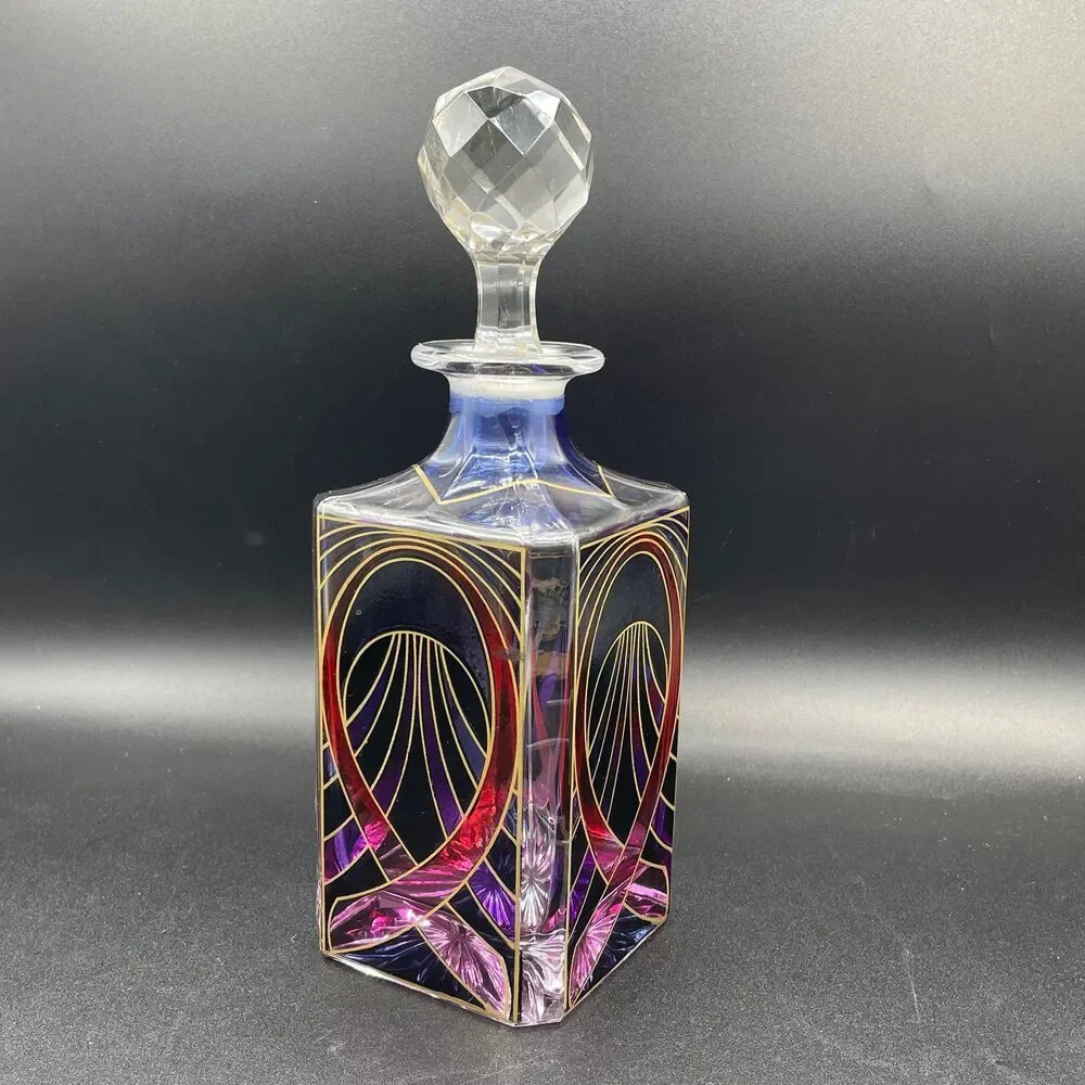 Vintage Pink & Purple Stained Glass Style Decanter - Breast Cancer Ribbon Motif